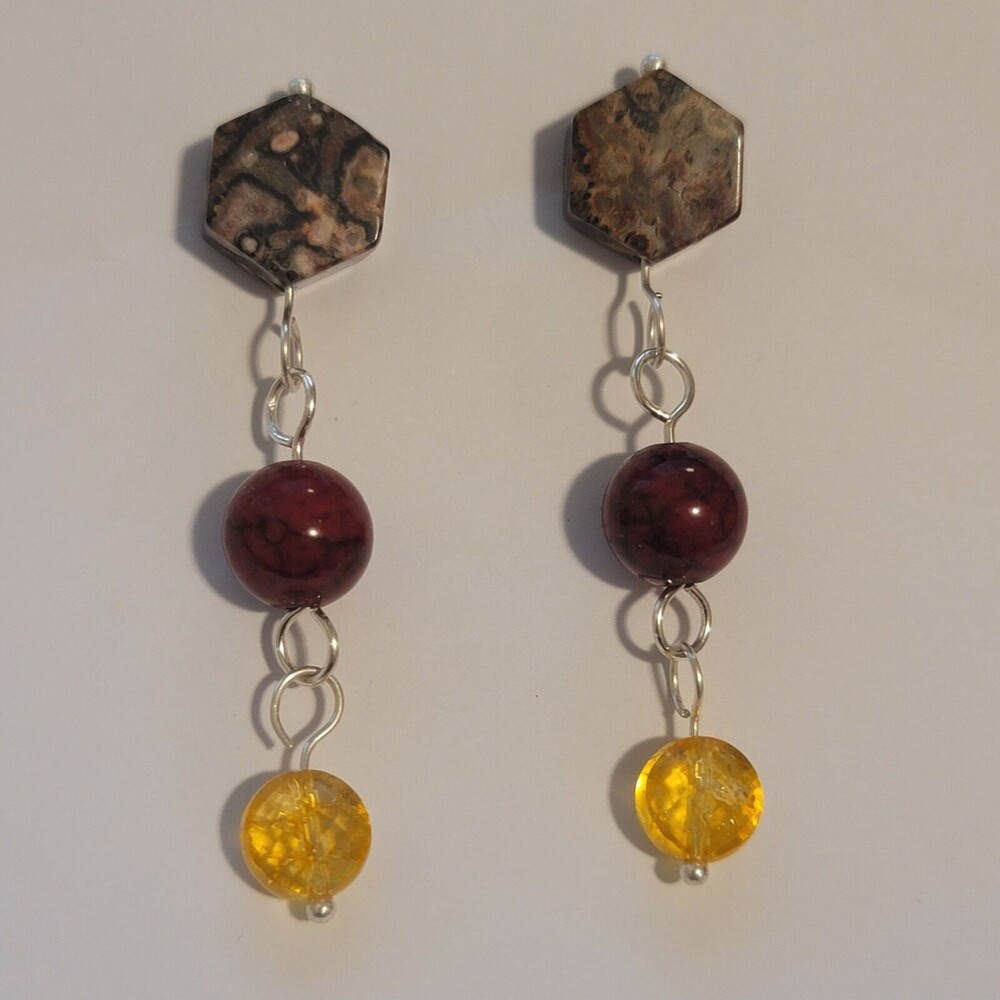 Handmade Citrine Quartz & Jasper Earrings – Three Stone Dangle Jewelry
